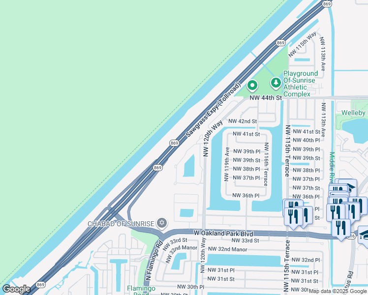 map of restaurants, bars, coffee shops, grocery stores, and more near 3845 Northwest 122nd Terrace in Sunrise