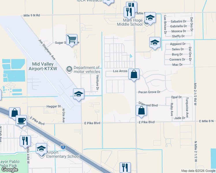 map of restaurants, bars, coffee shops, grocery stores, and more near 1400 Venture Drive in Weslaco