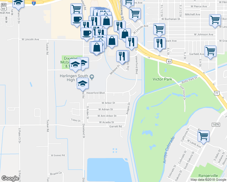 map of restaurants, bars, coffee shops, grocery stores, and more near 1838 Haverford Boulevard in Harlingen