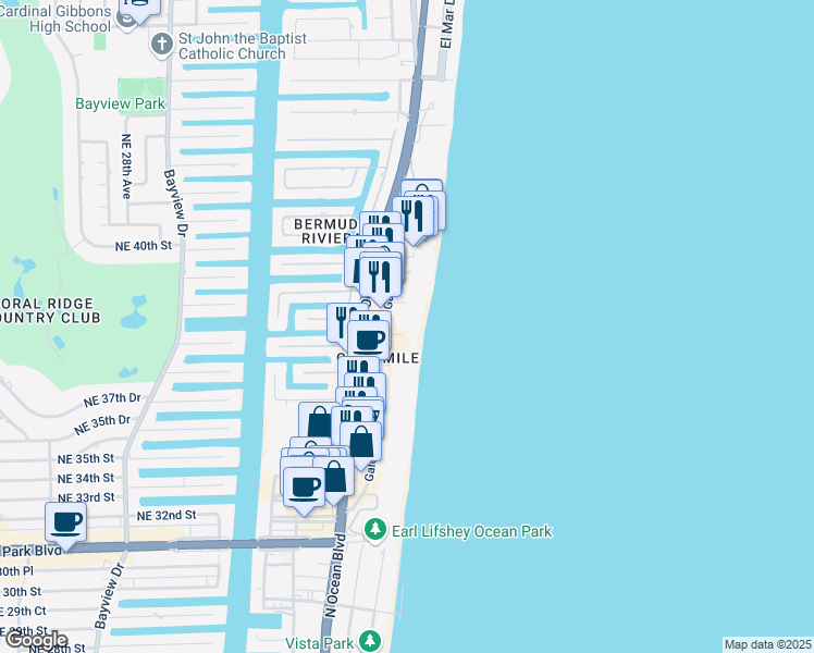 map of restaurants, bars, coffee shops, grocery stores, and more near 3850 Galt Ocean Drive in Fort Lauderdale