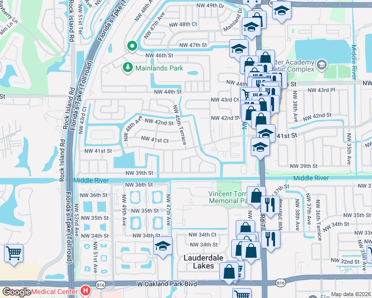 map of restaurants, bars, coffee shops, grocery stores, and more near 4520 Northwest 41st Terrace in Lauderdale Lakes