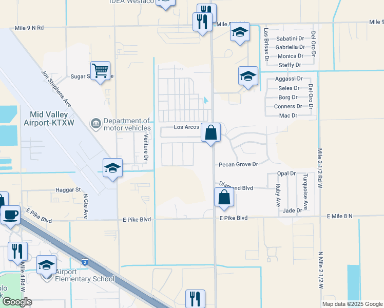 map of restaurants, bars, coffee shops, grocery stores, and more near 1501 North International Boulevard in Weslaco