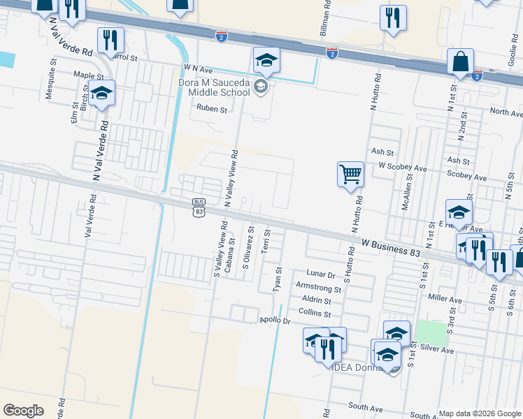 map of restaurants, bars, coffee shops, grocery stores, and more near 650 Hooks Avenue in Donna