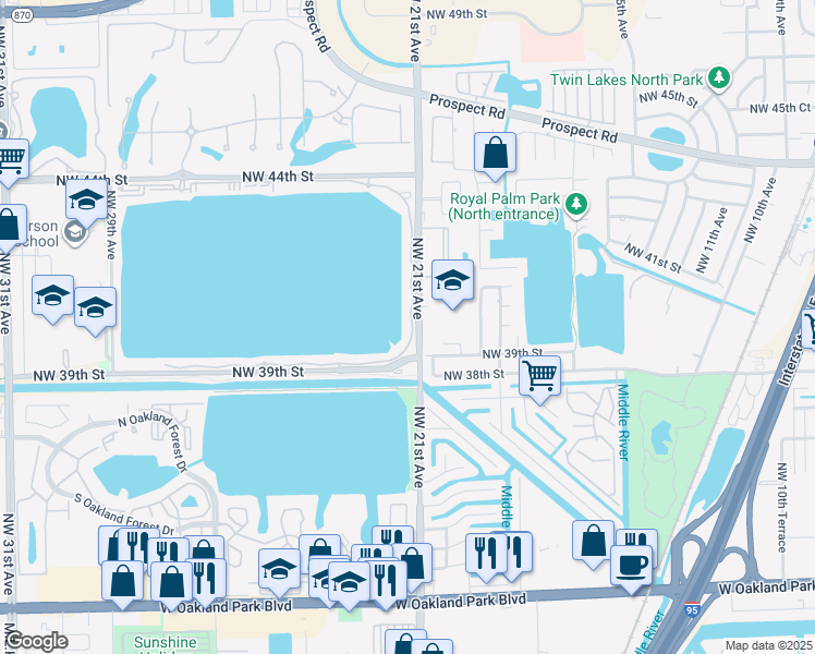 map of restaurants, bars, coffee shops, grocery stores, and more near 112 Lake Emerald Drive in Oakland Park