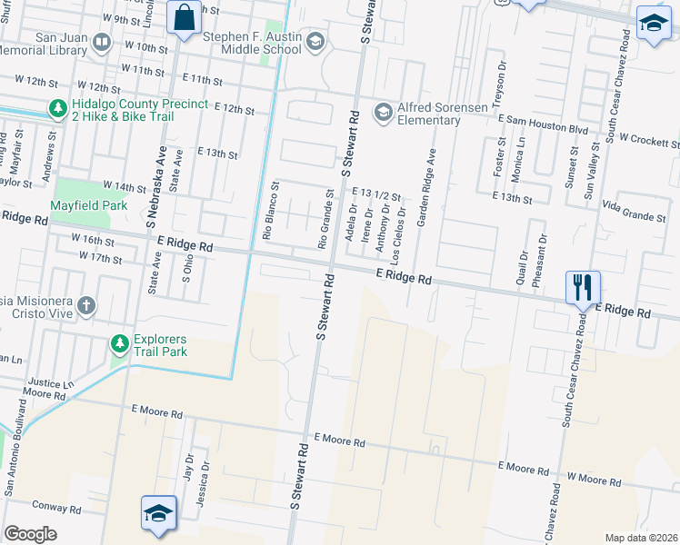 map of restaurants, bars, coffee shops, grocery stores, and more near 613 Ridge Road in Pharr
