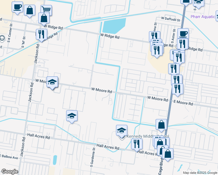 map of restaurants, bars, coffee shops, grocery stores, and more near 702 West Moore Road in Pharr