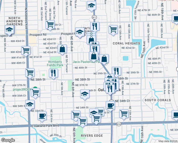 map of restaurants, bars, coffee shops, grocery stores, and more near 845 Northeast 39th Street in Oakland Park