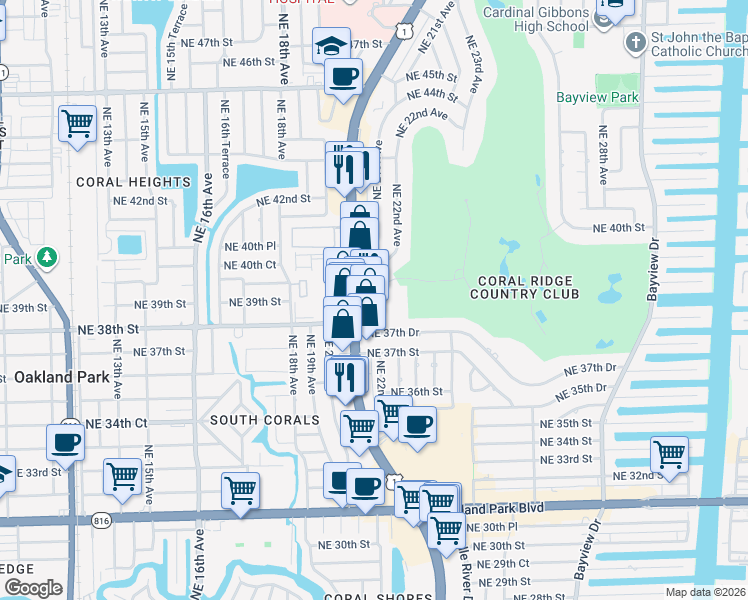 map of restaurants, bars, coffee shops, grocery stores, and more near 3850 North Federal Highway in Fort Lauderdale