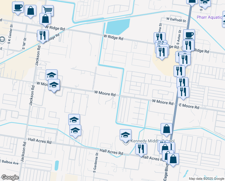 map of restaurants, bars, coffee shops, grocery stores, and more near 702 West Moore Road in Pharr