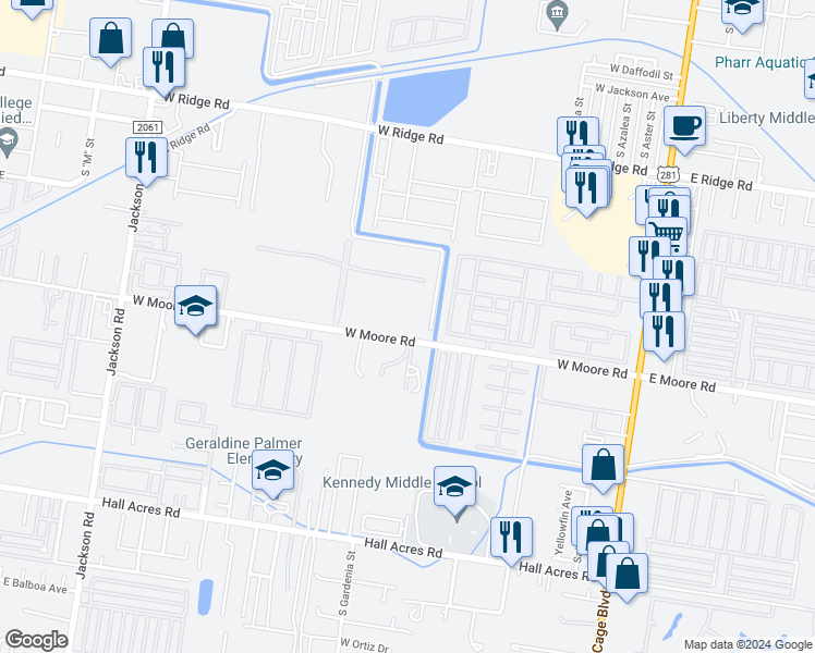 map of restaurants, bars, coffee shops, grocery stores, and more near 702 West Moore Road in Pharr