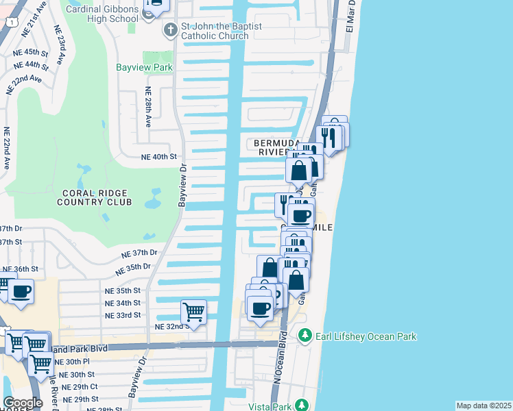 map of restaurants, bars, coffee shops, grocery stores, and more near 3317 Northeast 38th Street in Fort Lauderdale