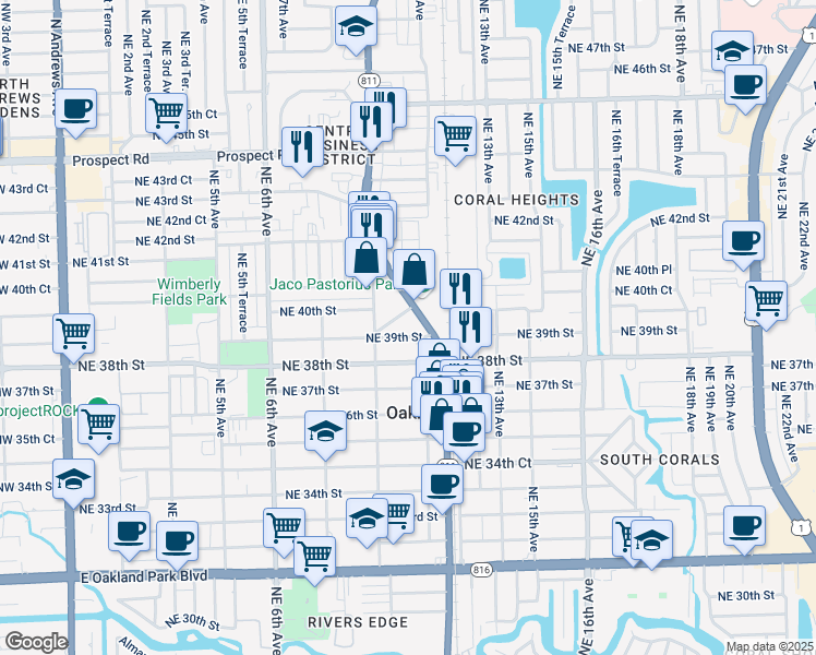 map of restaurants, bars, coffee shops, grocery stores, and more near 1078 Northeast 39th Street in Oakland Park