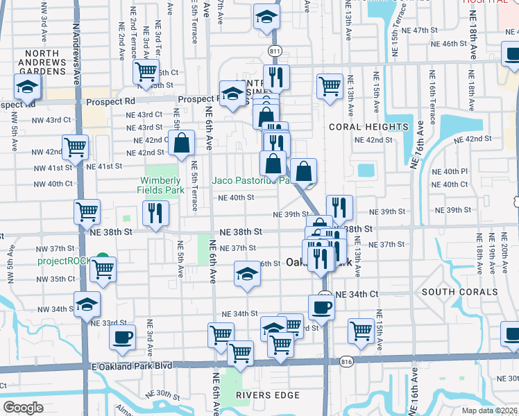 map of restaurants, bars, coffee shops, grocery stores, and more near 845 Northeast 39th Street in Oakland Park