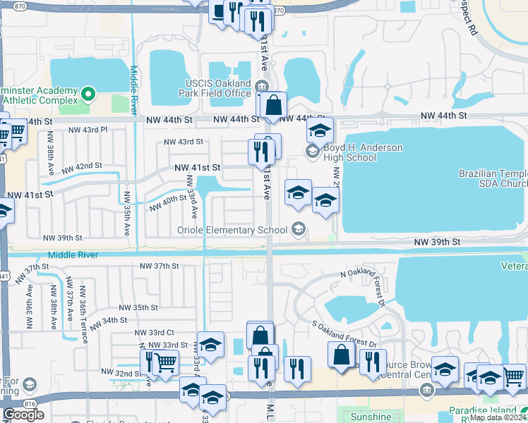 map of restaurants, bars, coffee shops, grocery stores, and more near 3951 Northwest 30th Terrace in Lauderdale Lakes
