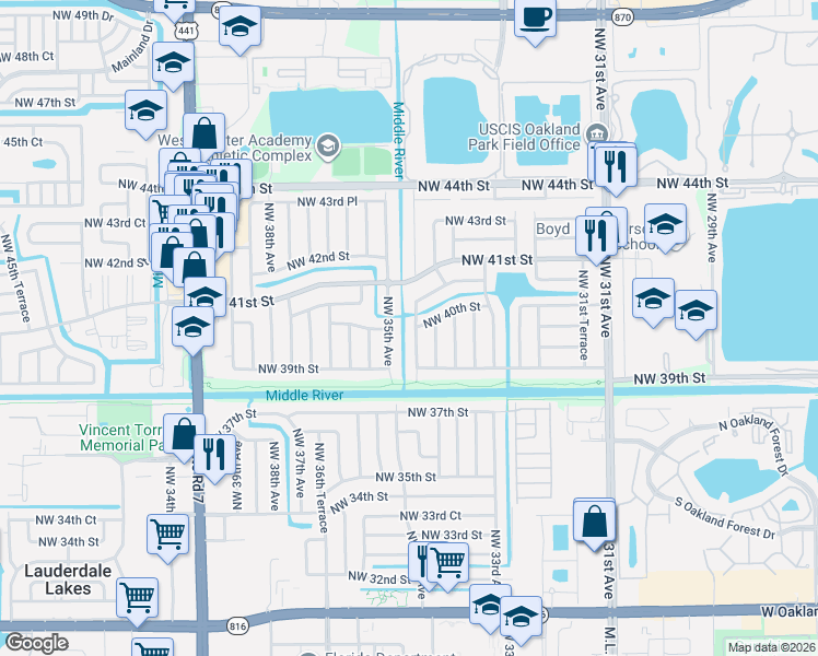 map of restaurants, bars, coffee shops, grocery stores, and more near 3950 Northwest 34th Way in Lauderdale Lakes