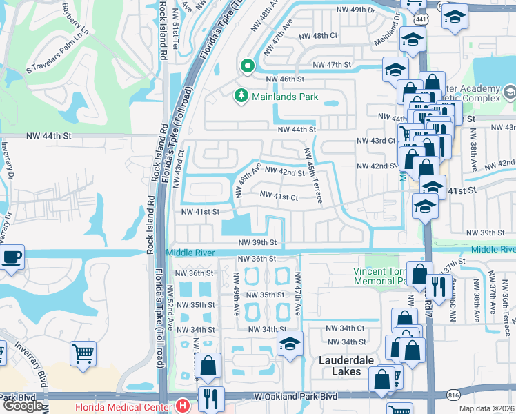 map of restaurants, bars, coffee shops, grocery stores, and more near 4091 Northwest 47th Terrace in Lauderdale Lakes
