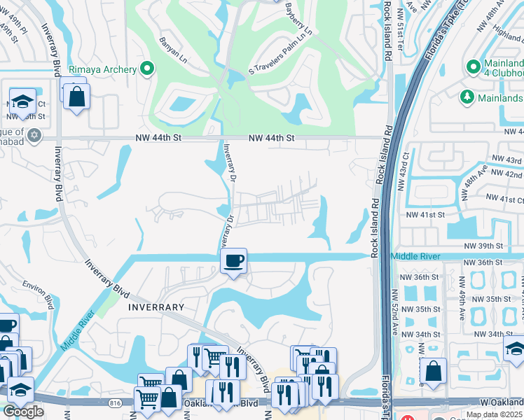 map of restaurants, bars, coffee shops, grocery stores, and more near 4156 Inverrary Drive in Lauderhill