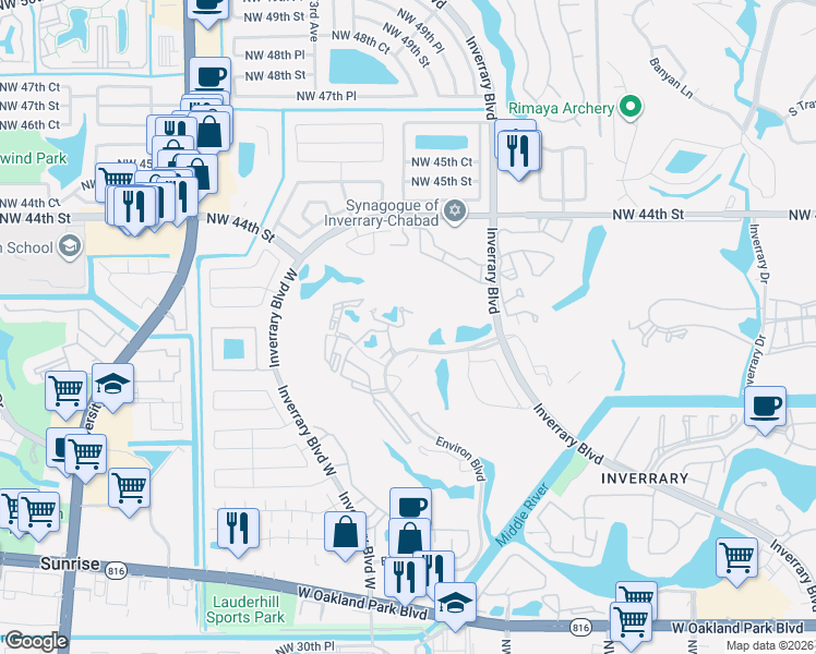 map of restaurants, bars, coffee shops, grocery stores, and more near 6901 Environ Boulevard in Lauderhill