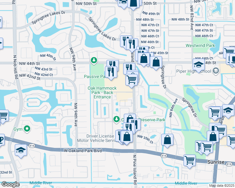 map of restaurants, bars, coffee shops, grocery stores, and more near 41 The Common in Sunrise