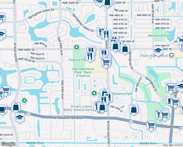 map of restaurants, bars, coffee shops, grocery stores, and more near 4080 Northwest 90th Way in Sunrise