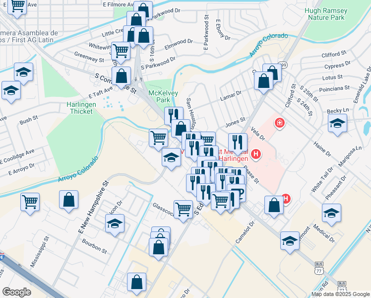 map of restaurants, bars, coffee shops, grocery stores, and more near 1706 S 77 Sunshine Strip in Harlingen