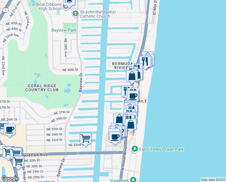 map of restaurants, bars, coffee shops, grocery stores, and more near 3317 Northeast 38th Street in Fort Lauderdale