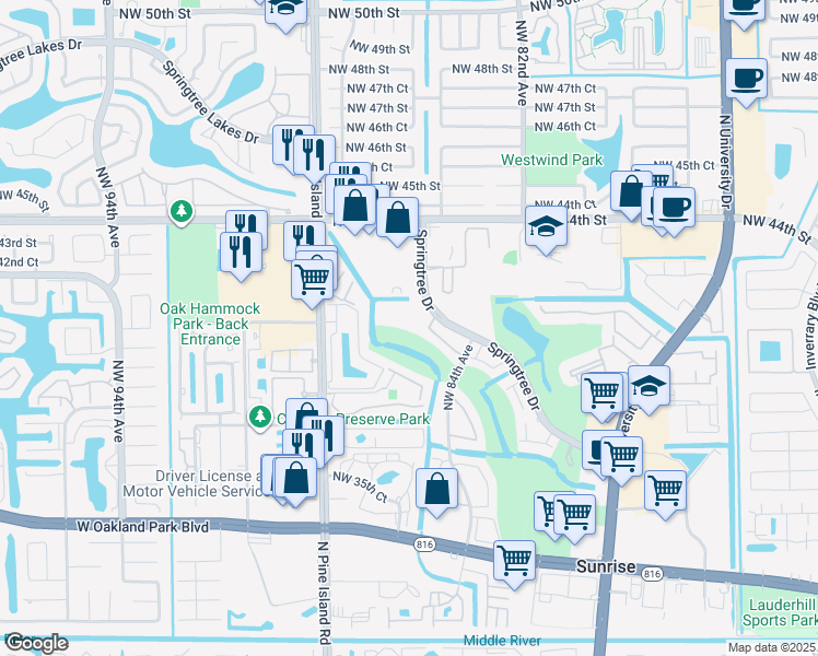 map of restaurants, bars, coffee shops, grocery stores, and more near 8445 Springtree Drive in Sunrise