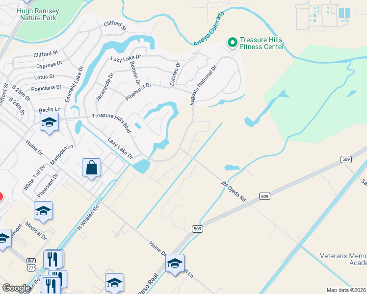 map of restaurants, bars, coffee shops, grocery stores, and more near 3598 Treasure Hills Boulevard in Harlingen