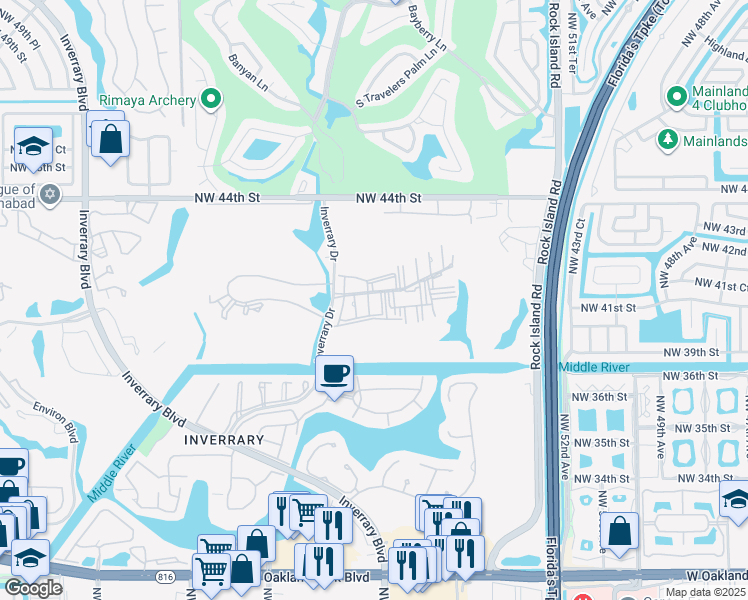 map of restaurants, bars, coffee shops, grocery stores, and more near 4156 Inverrary Drive in Lauderhill