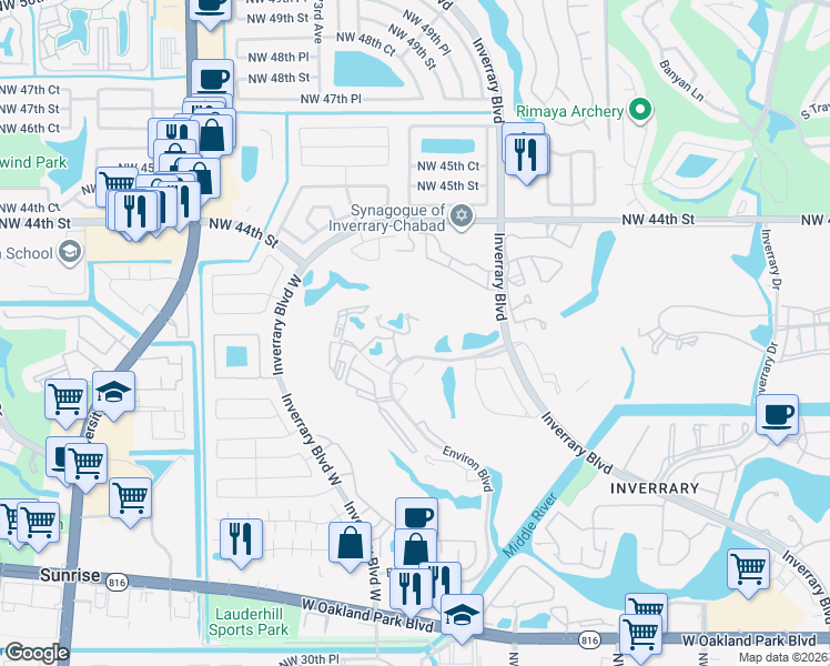 map of restaurants, bars, coffee shops, grocery stores, and more near 6901 Environ Boulevard in Lauderhill