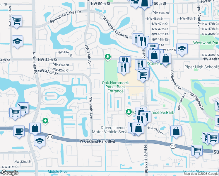 map of restaurants, bars, coffee shops, grocery stores, and more near 9158 Northwest 40th Place in Sunrise