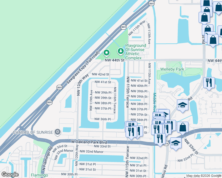 map of restaurants, bars, coffee shops, grocery stores, and more near 11651 Northwest 39th Place in Sunrise