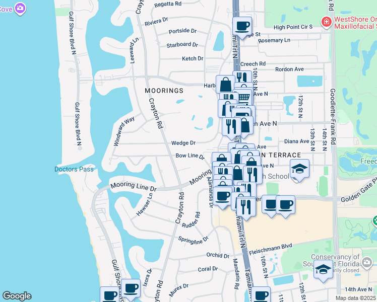map of restaurants, bars, coffee shops, grocery stores, and more near 650 Bow Line Drive in Naples