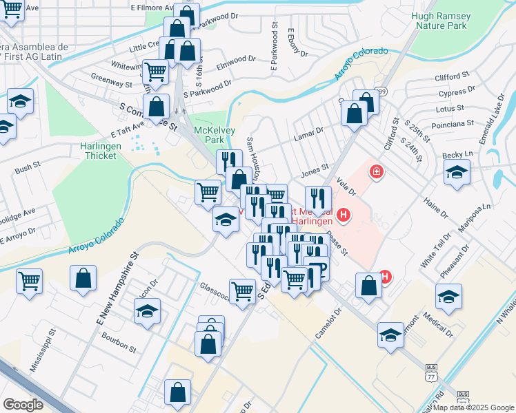 map of restaurants, bars, coffee shops, grocery stores, and more near 1706 S 77 Sunshine Strip in Harlingen