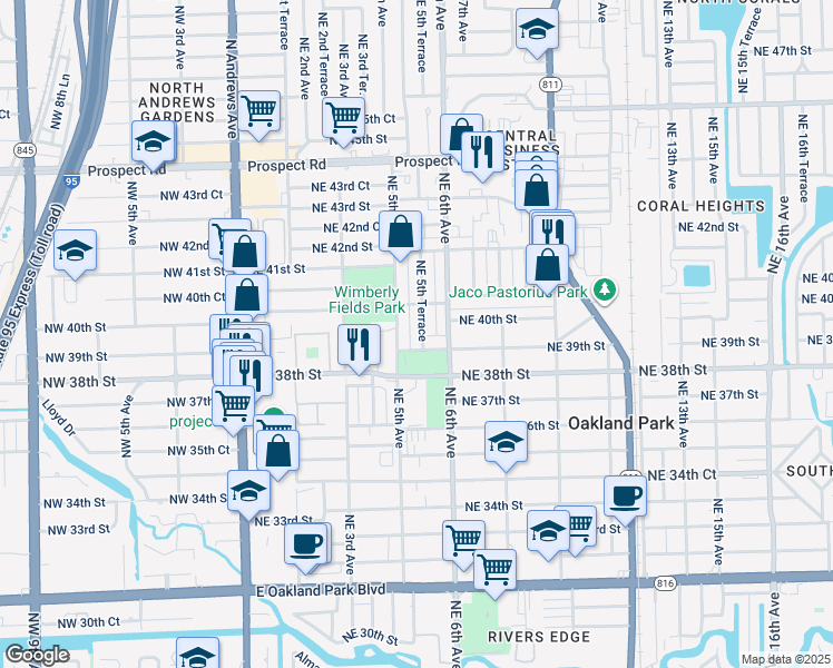 map of restaurants, bars, coffee shops, grocery stores, and more near 3902 Northeast 5th Avenue in Oakland Park