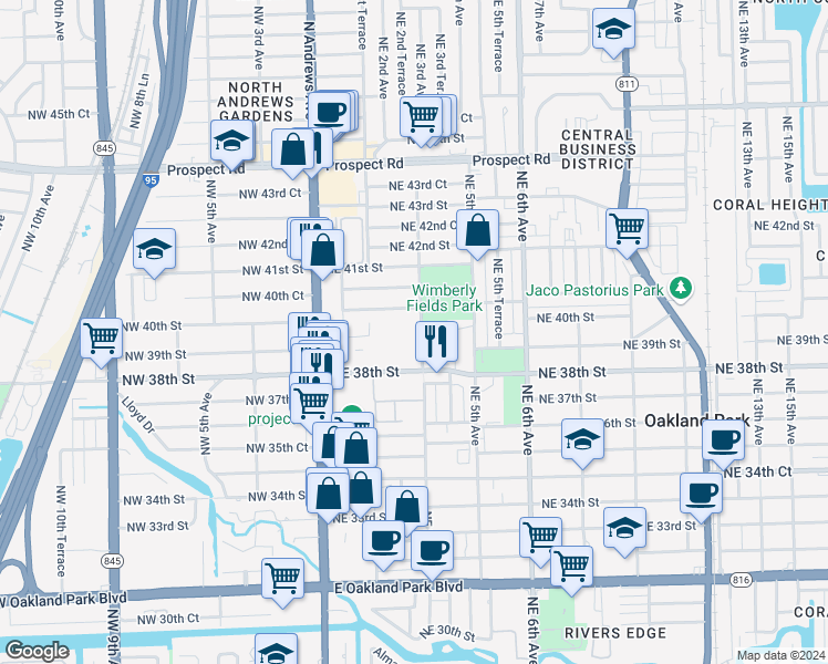 map of restaurants, bars, coffee shops, grocery stores, and more near 241-271 Northeast 38th Street in Oakland Park