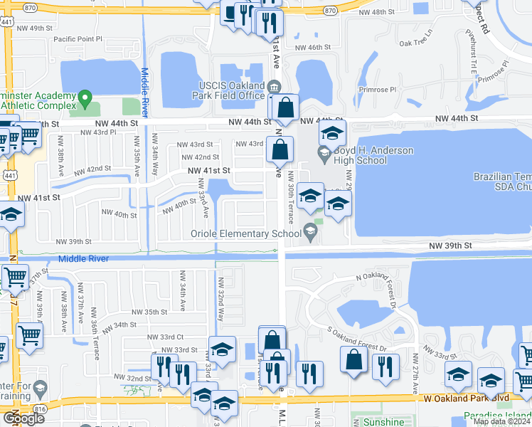 map of restaurants, bars, coffee shops, grocery stores, and more near 3131 Northwest 39th Court in Lauderdale Lakes
