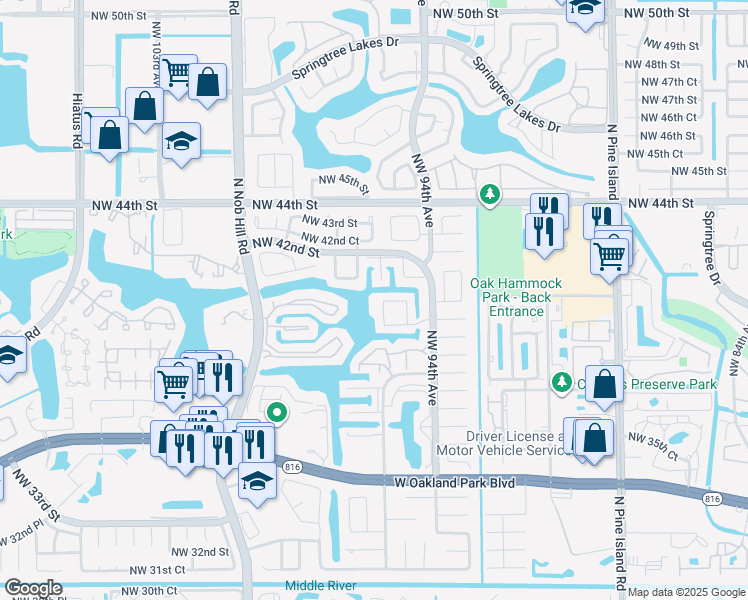 map of restaurants, bars, coffee shops, grocery stores, and more near 3963 Northwest 94th Way in Sunrise