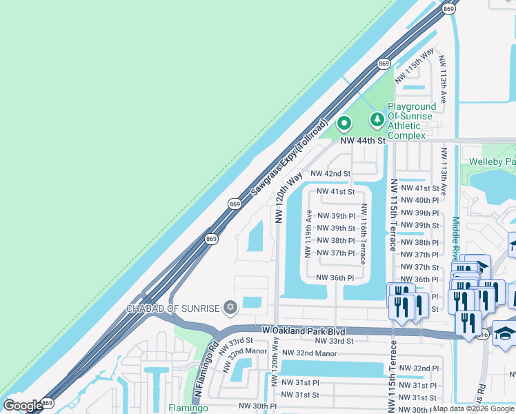 map of restaurants, bars, coffee shops, grocery stores, and more near 3864 Northwest 122nd Terrace in Sunrise
