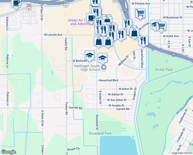map of restaurants, bars, coffee shops, grocery stores, and more near 207 South Westbrook Lane in Harlingen