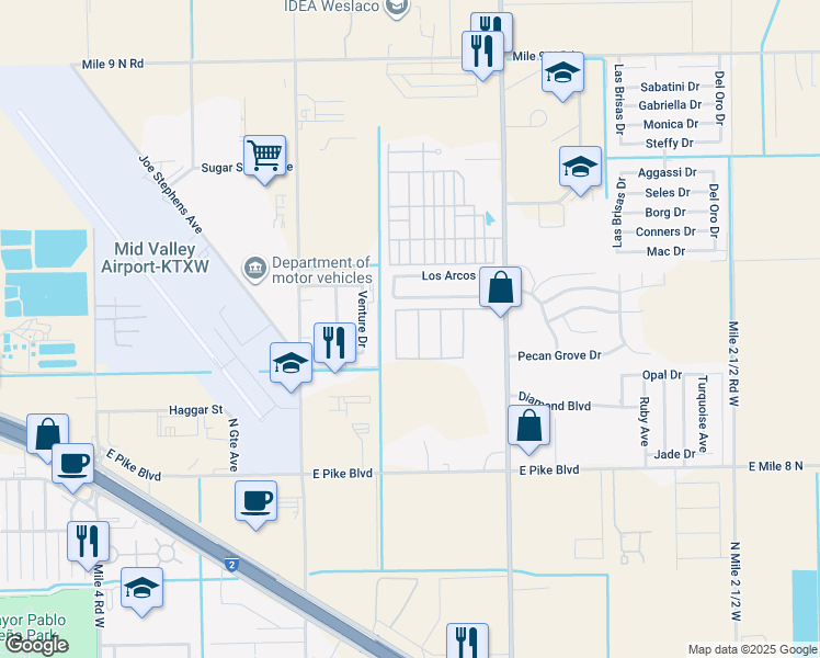 map of restaurants, bars, coffee shops, grocery stores, and more near 3240 Los Arcos Circle in Weslaco