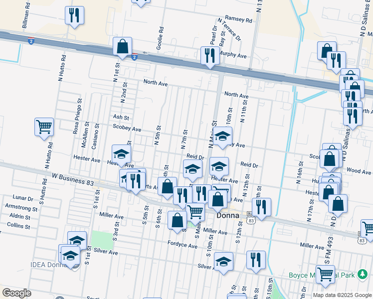 map of restaurants, bars, coffee shops, grocery stores, and more near 301 North 8th Street in Donna