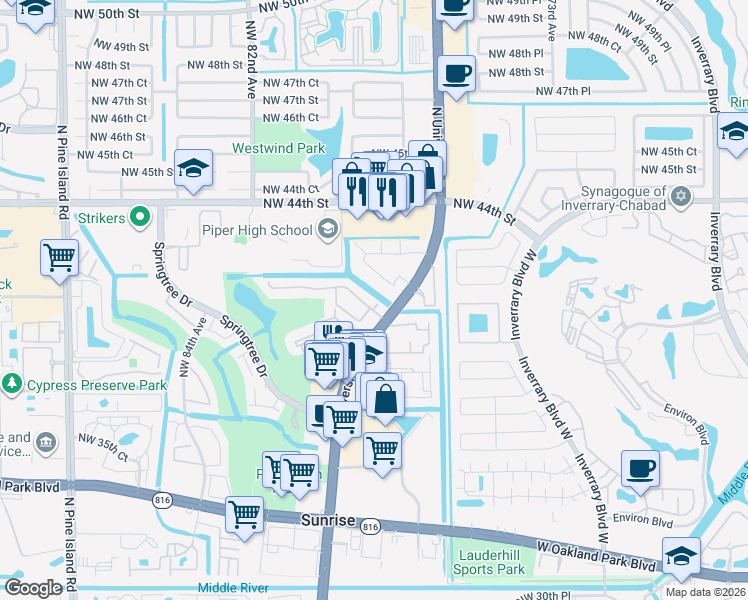 map of restaurants, bars, coffee shops, grocery stores, and more near 4124 Northwest 78th Avenue in Sunrise