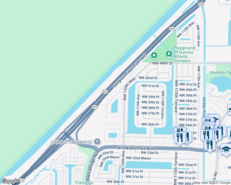 map of restaurants, bars, coffee shops, grocery stores, and more near 3864 Northwest 122nd Terrace in Sunrise