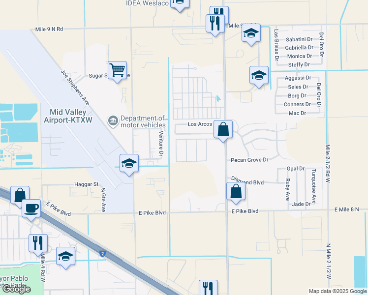 map of restaurants, bars, coffee shops, grocery stores, and more near 3240 Los Arcos Circle in Weslaco