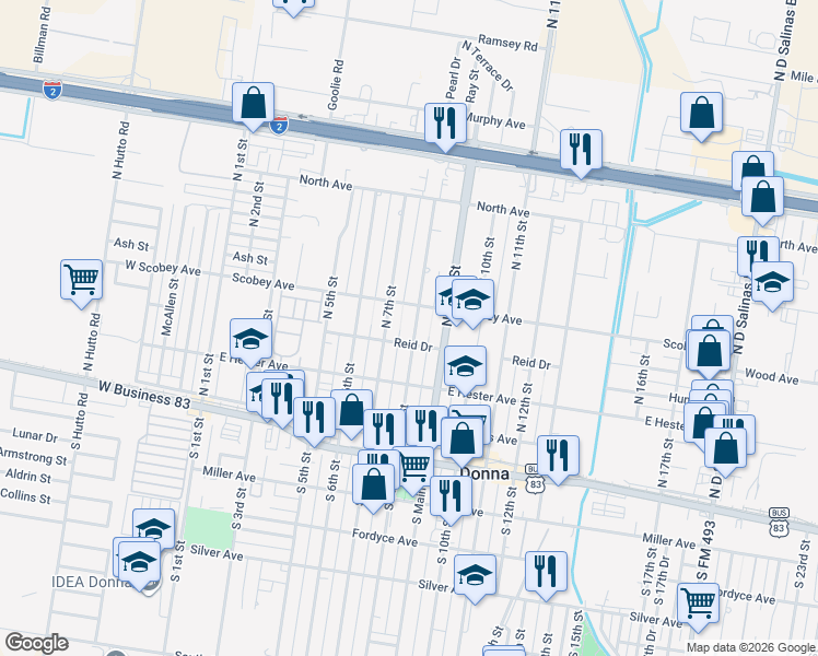 map of restaurants, bars, coffee shops, grocery stores, and more near 307 North 8th Street in Donna