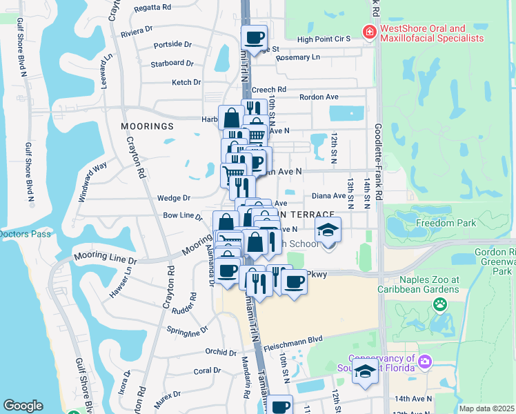 map of restaurants, bars, coffee shops, grocery stores, and more near 2200 9th Street North in Naples
