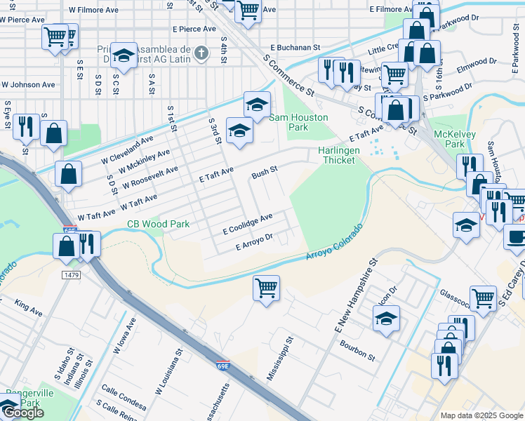 map of restaurants, bars, coffee shops, grocery stores, and more near 1805 Bush Street in Harlingen