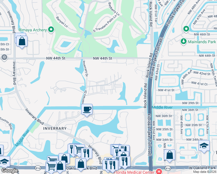 map of restaurants, bars, coffee shops, grocery stores, and more near 4174 Inverrary Drive in Lauderhill