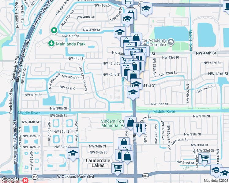 map of restaurants, bars, coffee shops, grocery stores, and more near 8 Northwest 42nd Avenue in Lauderdale Lakes